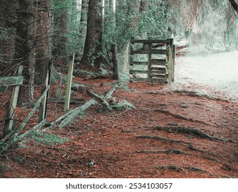 Rustic wooden gate on a forest pathway surrounded by tall trees and greenery. Entwistle Lancashire UK. - Powered by Shutterstock