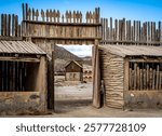 A rustic wooden gate opens to reveal a deserted western-style town with a wooden house and mountains in the background. The scene captures an old frontier atmosphere.