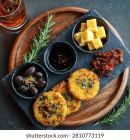 A rustic wooden platter featuring a selection of appetizers including olives, cubed cheese, and golden-brown savory fritters, garnished with rosemary.