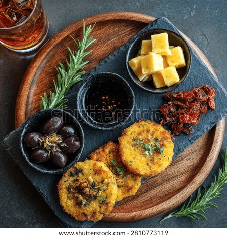 A rustic wooden platter featuring a selection of appetizers including olives, cubed cheese, and golden-brown savory fritters, garnished with rosemary.