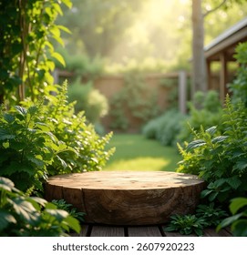 Rustic wooden podium or tree stump table in a lush green garden with soft sunlight filtering through the trees. A perfect natural backdrop for product display, food photography, or outdoor themed 