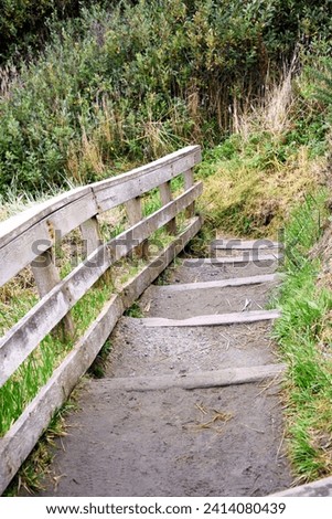 Rustic, wooden stairs decend to a beach on the Oregon Coast giving visitors access to the shore.