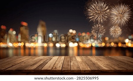 A rustic wooden table in the foreground with a blurred cityscape and vibrant fireworks display in the background at night.