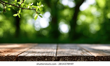 A rustic wooden table in the foreground with a soft focus of lush green trees and foliage in the background, suggesting a natural outdoor setting.