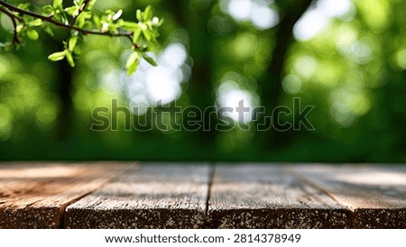 A rustic wooden table in the foreground with a soft focus of lush green trees and foliage in the background, suggesting a natural outdoor setting.
