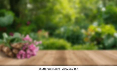 A rustic wooden table surface in the foreground with a small bouquet of pink flowers, set against a softly blurred background of a vibrant green garden.
