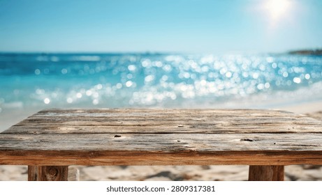 A rustic wooden table surface in the foreground with a blurred tropical beach and ocean background under a bright sunny sky.