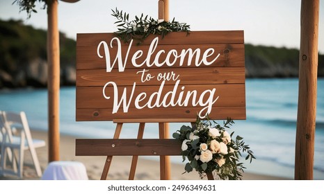 Rustic wooden wedding welcome sign with greenery and floral accents, displayed on an easel on a sandy beach with ocean in the background. Welcome to our wedding - Powered by Shutterstock