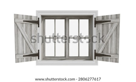 Rustic wooden window frame with open shutters and black metal hinges
