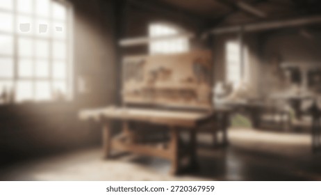 Rustic Workshop Bench Bathed in Sunlight with Woodworking Craftsmanship.