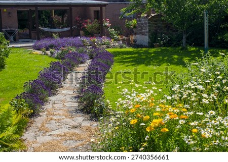 rustical garden - stone paved garden path and flowers - summertime