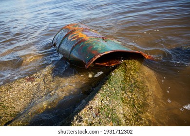 Rusting 50 Gallon Drum Dumped At The Ocean Side