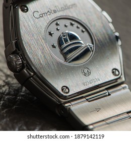 Rustington , West Sussex . United Kingdom - December 20th 2020 : Close Up View Of A Luxury Wristwatch Serial Number. Close Up View, With Focus On Number. 