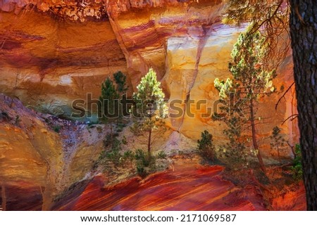 Rustrel canyon ocher majestic nature landscape. Provencal Colorado near Roussillon in Southern France. Beautiful earth background