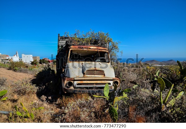 Rusty Abandoned Truck on the Desert, in Canary\
Islands, Spain