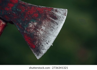 A rusty axe head with a green handle. The axe is old and worn, with a lot of dirt and grime on it. The image has a moody and somewhat eerie feel to it