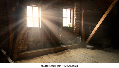 Rusty brown creepy scary past age big empty farm under roof lodge wall dim hole shine glow lit white day sky sun beam ray view scene. Dusty city ruin ceil messy cellar floor text space shadow backdrop - Powered by Shutterstock