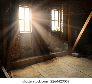 Rusty brown creepy scary past age big empty farm under roof lodge wall dim hole shine glow lit white day sky sun beam ray view scene. Dusty city ruin ceil messy cellar floor text space shadow backdrop - Powered by Shutterstock