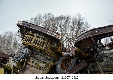 Rusty Cab Of An Old Soviet Made Truck At Junk Yard Waiting For Recycling