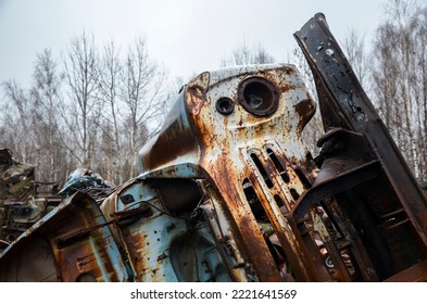 Rusty Cab Of An Old Soviet Made Truck At Junk Yard Waiting For Recycling