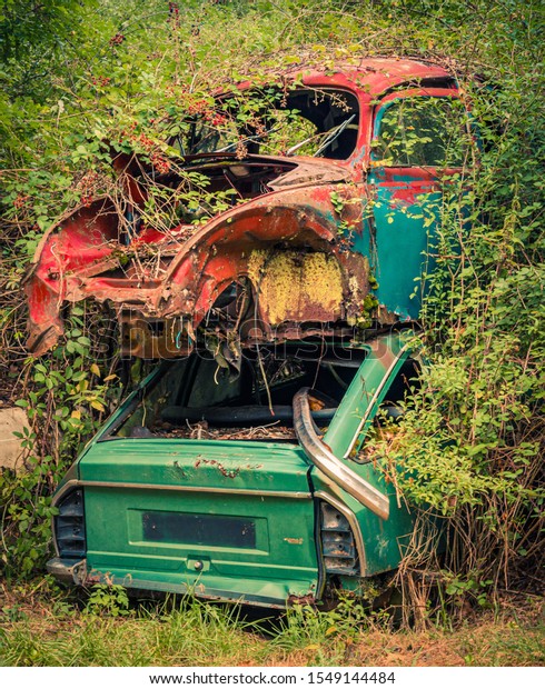 \
rusty car wrecks in french\
forest