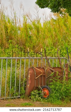 A rusty cat cart placed in the corner of the ground