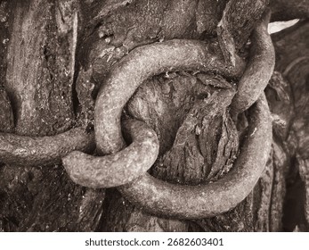 Rusty chain embedded in old tree trunk close-up macro shot  
Nature reclaiming metal – rusty chain growing into bark texture  
Close-up of corroded iron chain locked inside tree wood surface  
Rust an