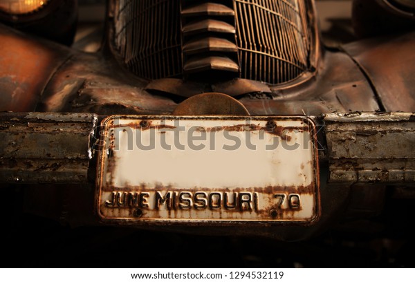 Rusty Classic Car Registration Missouri Plate.\
Vintage Transportation\
Concept.