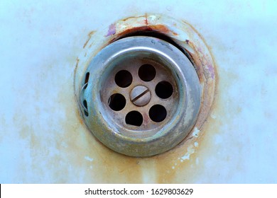 Rusty Drain In The Old, Cracked Tub, Cracked Clogged, Broken Old Bathroom Drain