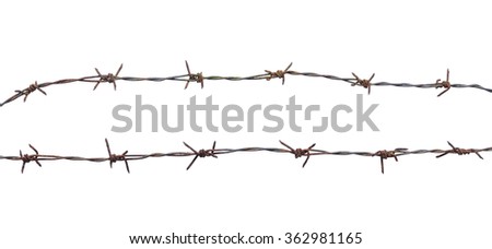Rusty fence barbwire of military base isolated on white background