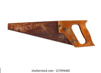 rusty hand saw on white background