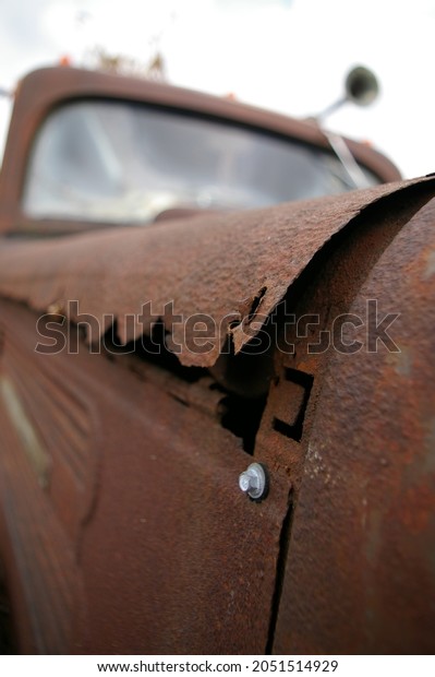 rusty hood of an antique\
truck