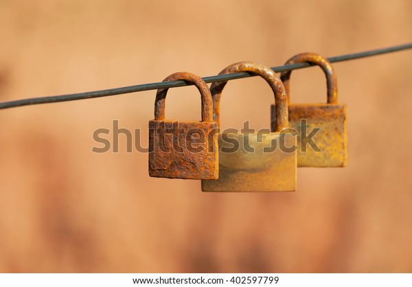 Rusty love locks hanging on sling, as a symbol\
of eternal love and endless love. Red rock background. Selective\
focus.\
