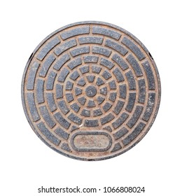 rusty manhole cap, grunge manhole cover, round edge, isolated on white background with clipping path.
