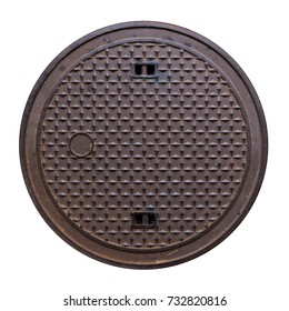 rusty manhole cap, grunge manhole cover, round edge, isolated on white background with clipping path