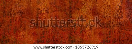 Rusty metal background. Rust texture. Orange red brown abstract background. Bright rough textured background. Wide banner. Panoramic. Copy space.