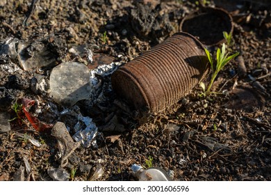 Rusty Metal Can In The Toss Hall Where Ash And Coal Are Left From The Fire