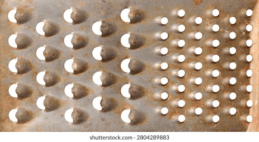 rusty metal grater surface texture, old distressed steel with sharp holes and brown rust spots, full frame closeup with copy space, vintage culinary background concept