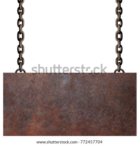Rusty metal plate and chain on white background