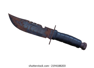 Rusty Military Knife Isolated On White Background Closeup.