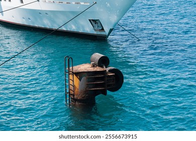 rusty mooring bollard with a ladder stands in the clear blue water of a harbor, contrasting with the sleek white hull of a large yacht moored in the background.  - Powered by Shutterstock