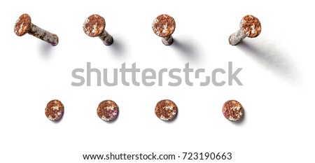 Rusty nail from different perspectives on a white background
