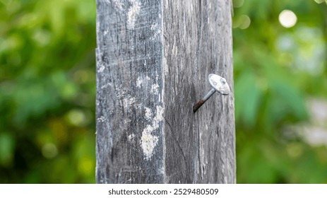 rusty nail is firmly embedded in a weathered wooden post, creating a simple yet striking image. - Powered by Shutterstock