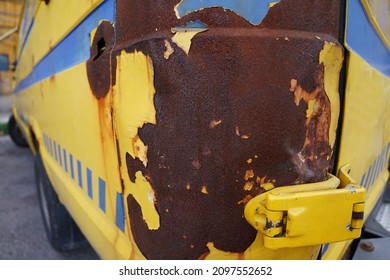 Rusty old abandoned crashed van truck                               