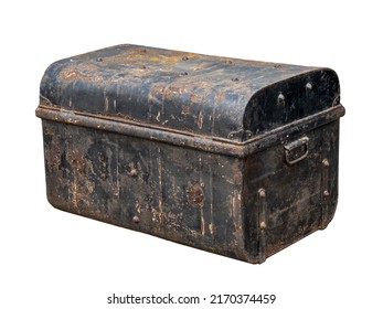 Rusty Old Antique Travel Trunk, Coffer Isolated On White Background. Metal.