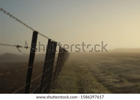 rusty old barbed wire fence leading off into the mist on a winters morning on a rural agricultural stock farm in rural Victoria, Australia
