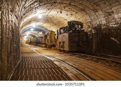 A rusty old mining train sits in a dark, eerie mine tunnel. The wooden tracks are covered in dust, and the atmosphere is tense, evoking a sense of abandonment and mystery.