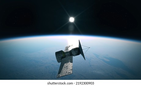 Rusty Old Satellite Spinning Out Of Control And Falling Down From Space Into Earth. Big Chunk Of Space Debris Rotating In Orbit Around Earth.