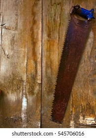 Rusty old saw hanging on key at the old cracked wood wall, or Maniac work tool  Halloween horror concept, massacre