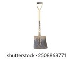 Rusty old shovel isolated on white background. Concept. tool work. equipment for construction or agriculture. Use a shovel to scoop up soil, rocks, sand, and other things.                             